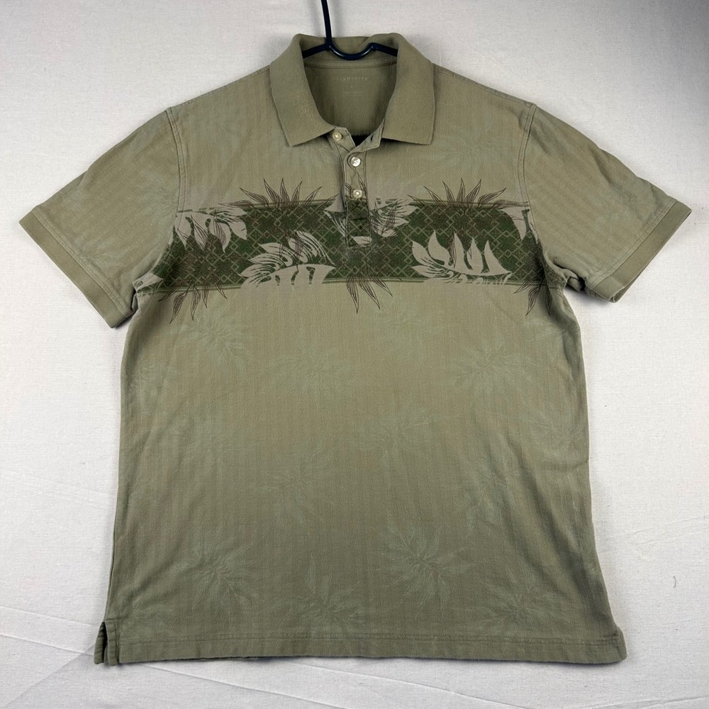 Van Heusen Mens Large Olive Green Herringbone Tropical Leaf Print Polo Shirt